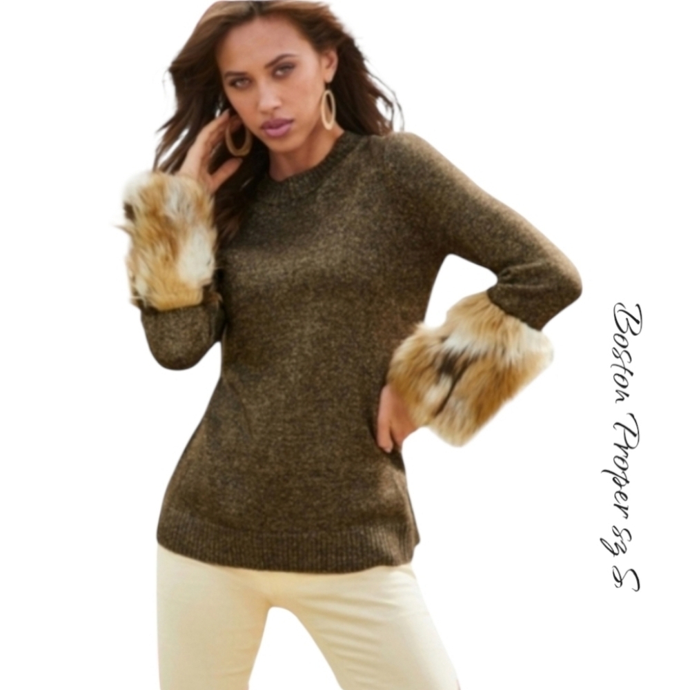 Boston Proper Lurex Brown Gold Faux Fur Cuff Sweater sz S